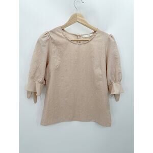 Olive Des Olive Top Women SIZE L Cream Short Sleeve Tie Cuff Keyhole Button Back